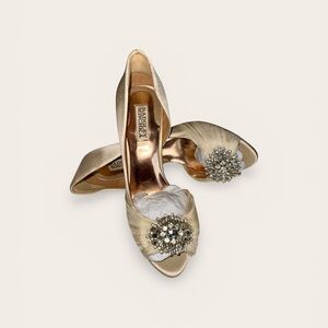 Badgley Mischka “Giana” Champagne Satin D’Orsay Peep‑Toe Heels — Size 9M